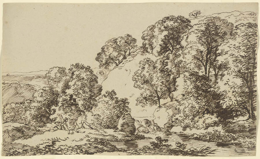 Baumbestandener Hügel, im Vordergrund ein Gewässer mit lagernden Wanderern od Franz Innocenz Josef Kobell