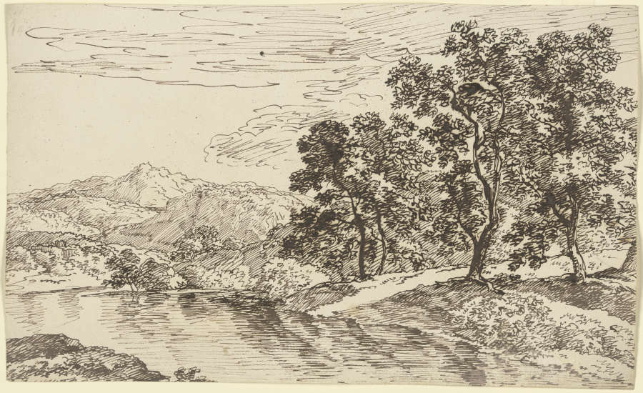 Baumbestandenes Flussufer, im Hintergrund Gebirgszug od Franz Innocenz Josef Kobell