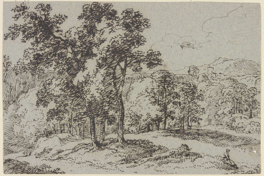 Baumreiche Landschaft, im Vordergrund eine sitzende Frau od Franz Innocenz Josef Kobell