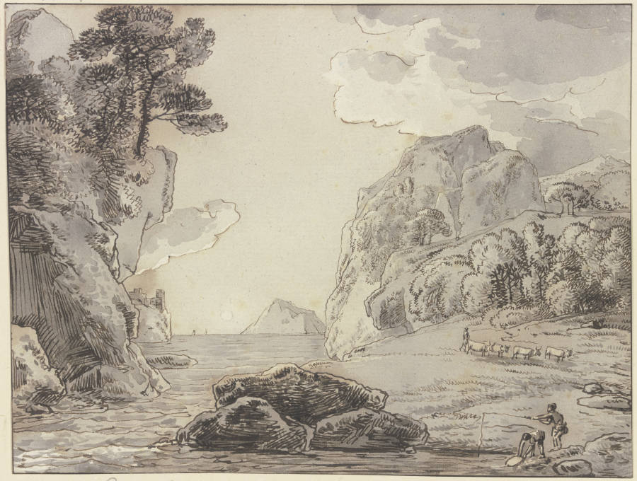 Felsige Uferlandschaft, im Vordergrund zwei Angler od Franz Innocenz Josef Kobell