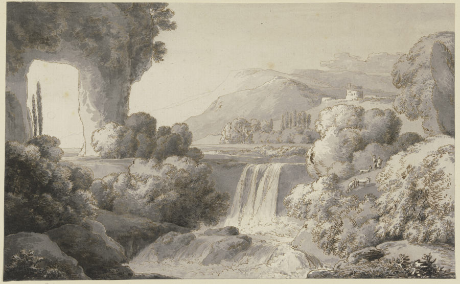 Flußlandschaft mit Wasserfall, links ein Felsentor od Franz Innocenz Josef Kobell
