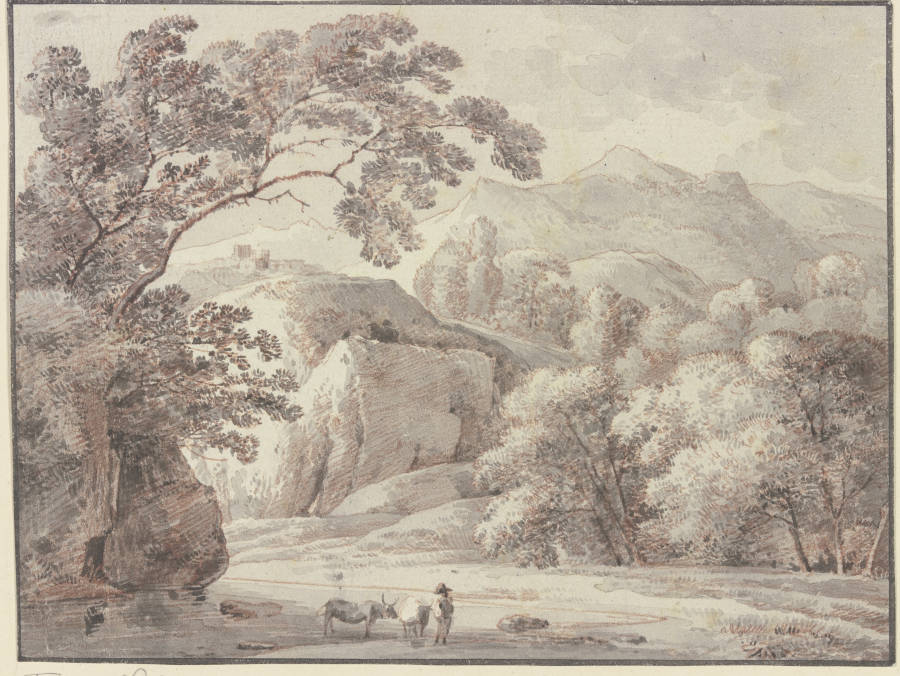 Gebirgslandschaft, im Vordergrund ein Mann mit zwei Kühen od Franz Innocenz Josef Kobell