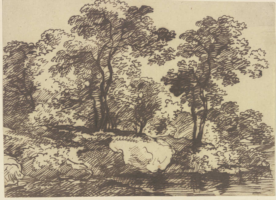 Hohe Bäume an einem felsigen Ufer od Franz Innocenz Josef Kobell