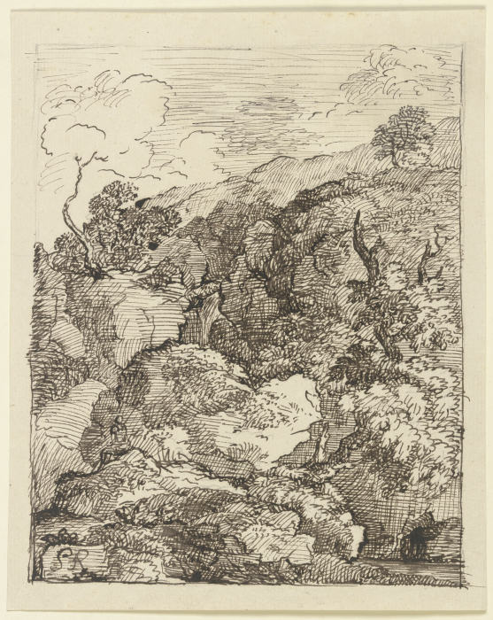 Zerklüftete Felspartie, im Vordergrund ein zerborstener Baum od Franz Innocenz Josef Kobell