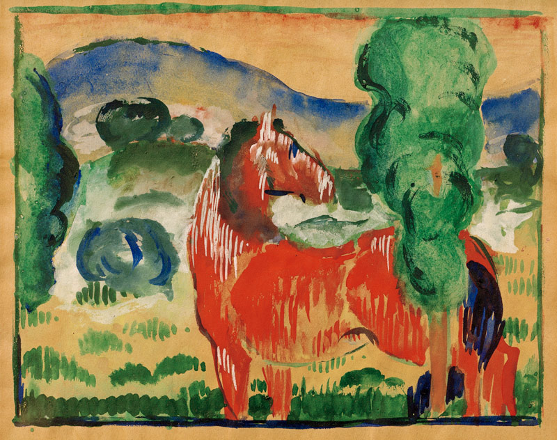Red horse in a colourful landscape od Franz Marc