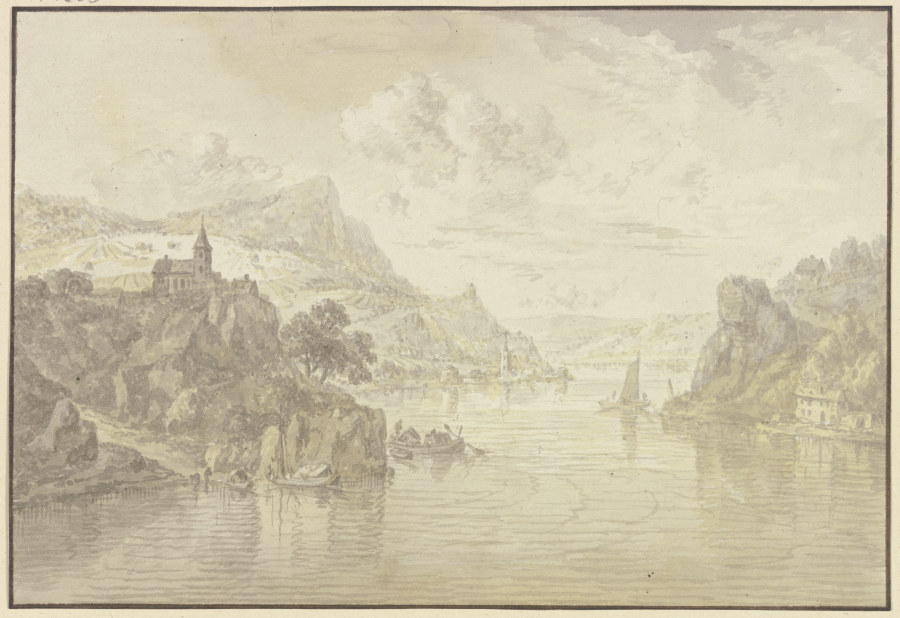 Blick in ein Flusstal mit felsigen Ufern, links auf einem Felsen eine Kirche od Franz Schütz