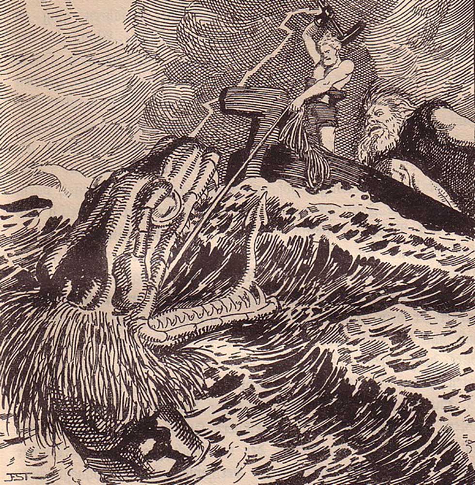 Thor and Hymir Fishing the Midgard Serpent. Illustration for "The Edda: Germanic Gods and Heroes" by od Franz Stassen