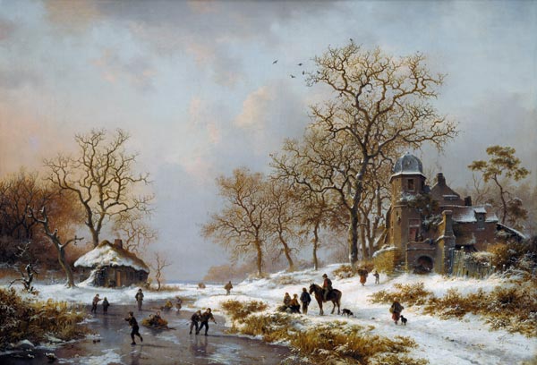 Winter landscape with pond having been cold and skate runners od Frederik Marianus Kruseman