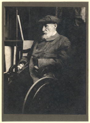 Auguste Renoir (1841-1919) in a wheelchair (b/w photo) od French Photographer, (20th century)