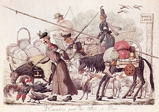 Caricature depicting the Entry into Paris of a Part of the Allied Troops, 1814 (coloured etching) od French School