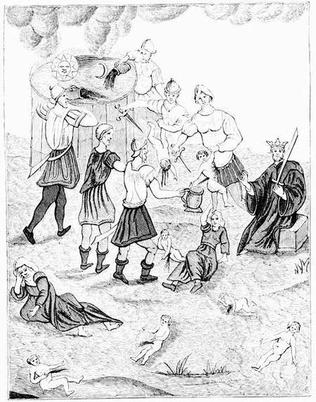 Jews taking blood from christian children for their mystic rites, after a drawing in the 'Book of Ca od French School