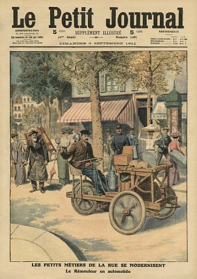 Modernisation of the street jobs, the knife grinder in his car, illustration from ''Le Petit Journal od French School
