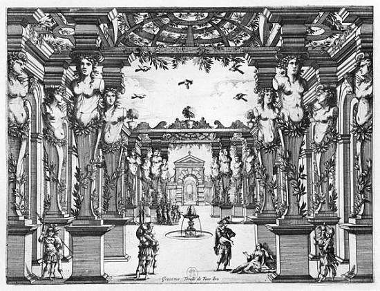 Stage design Giacomo Torelli (1608-78) for ''Mirame'' performed in 1641 at Theatre Petit Bourbon in  od French School