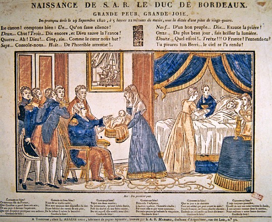 The birth of Henri Charles Ferdinand Marie Dieudonne de France, Duc de Bordeaux, Comte de Chambord o od French School