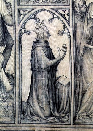 The Parement of Narbonne, detail of Charles V (1338-80) praying, c.1375 (grisaille on silk) (detail  od French School