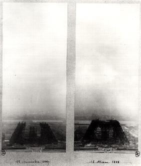 Two views of the construction of the Eiffel Tower, Paris, 12th December 1887 and 15th March 1888 (b/