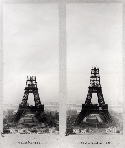 Two views of the construction of the Eiffel Tower, Paris, 14th October and 14th November 1888 (b/w p od French School