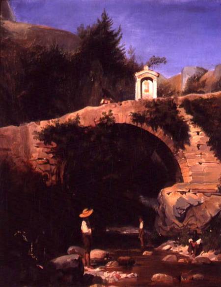 View of a Bridge and River Outside Rome od French School