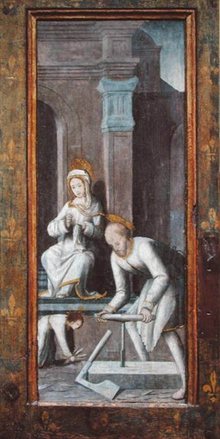 The Workshop at Nazareth, right hand panel from a triptych od French School