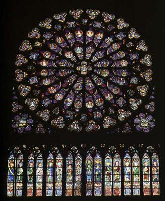 South transept rose window depicting Christ in the centre surrounded by saints and the twelve apostl od French School, (13th century)