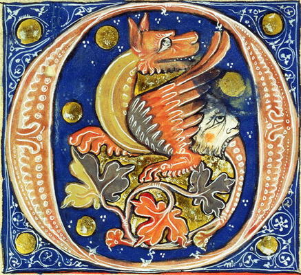 Historiated initial 'O' depicting a winged griffin (vellum) od French School, (14th century)