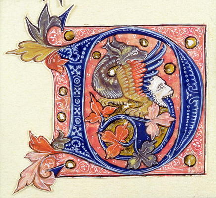 Historiated Initial 'D' depicting a fish with a human head (vellum) od French School, (14th century)