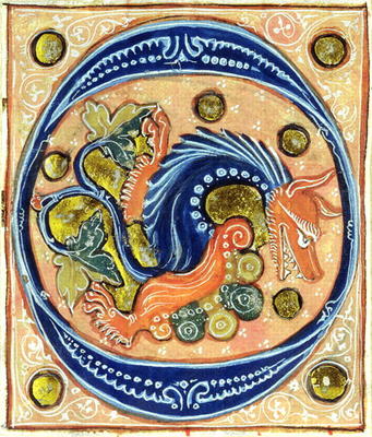 Historiated initial 'O' depicting a griffin (vellum) od French School, (14th century)