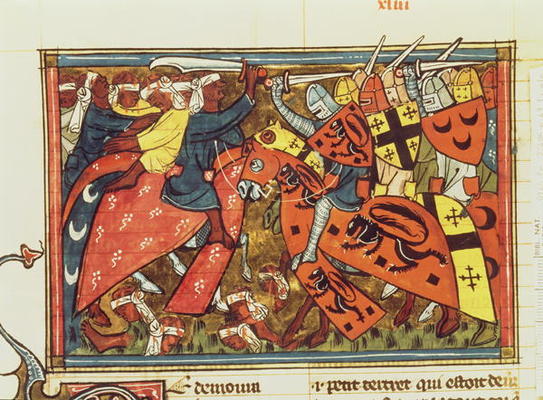 Fr 22495 f.43 Battle between Crusaders and Moslems, from Le Roman de Godefroi de Bouillon (vellum) od French School, (14th century)