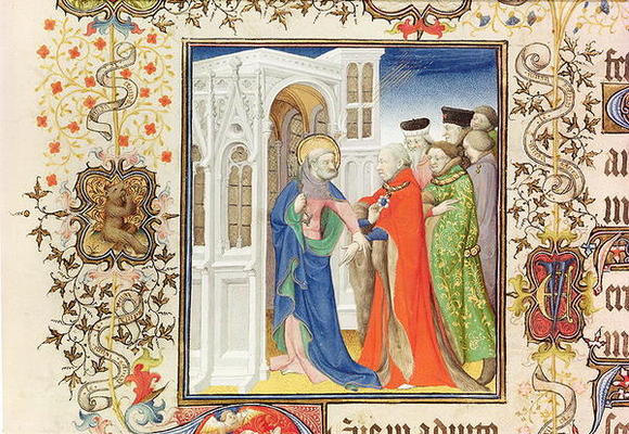 Ms Lat 919 fol.96 St. Peter Leading Jean de France (1340-1416) Duke of Berry into Paradise, from the od French School, (15th century)