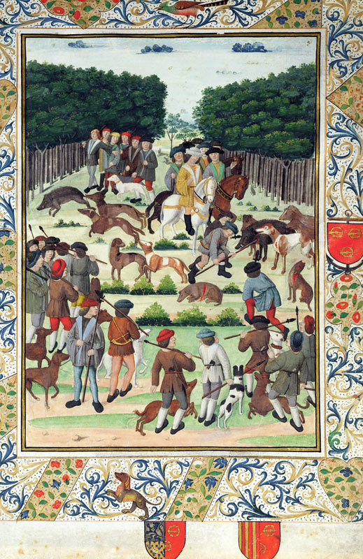 Louis Malet (1441-1516) Seigneur de Graville, hunting wild boar, from the 'Terrier de Marcoussis', 1 od French School, (15th century)