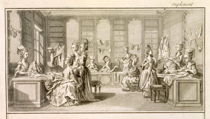 Fashion shop, from the 'Encyclopedia' by Denis Diderot (1713-84), published c.1770 (engraving) od French School, (18th century)