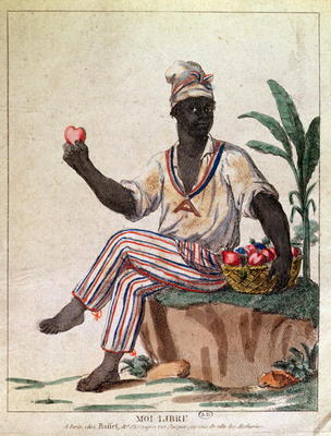 'I am Free', allegory of the first liberation of slaves in the Antilles, c.1794 (colour litho) od French School, (18th century)