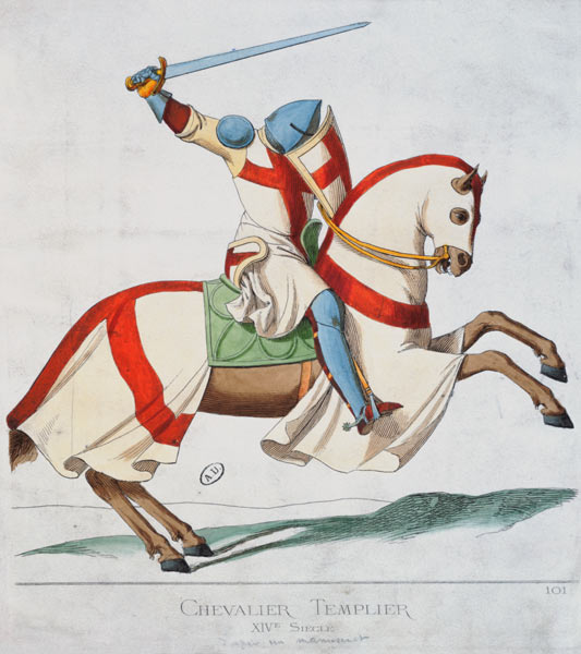 Illustration of a Knight Templar, after a 14th century manuscript (coloured engraving) od French School, (19th century)
