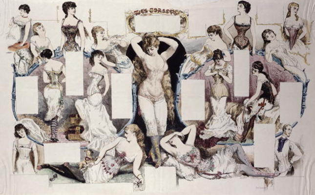 Layout illustrations for an article on women's underwear, from 'La Vie Parisienne', c.1870 (coloured od French School, (19th century)