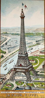 Postcard depicting the Eiffel Tower at the Exposition Universelle, 1889 (colour litho) od French School, (19th century)