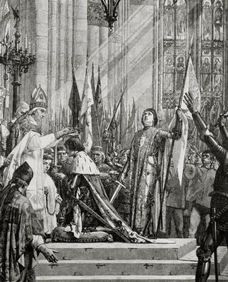 St. Joan of Arc (1412-31) at the Coronation of Charles VII (reg.1422-61) in 1429 (engraving) od French School, (19th century)