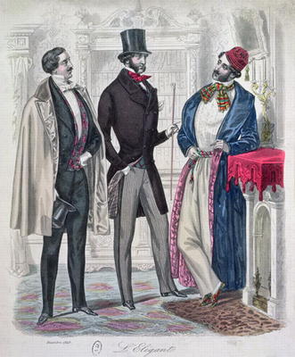 Three Elegant Young Men, December 1848 (colour engraving) od French School, (19th century)