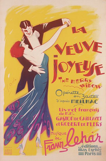 Poster advertising a production of the 'Merry Widow', by Franz Lehar , printed by Dola, Paris od French School, (20th century)