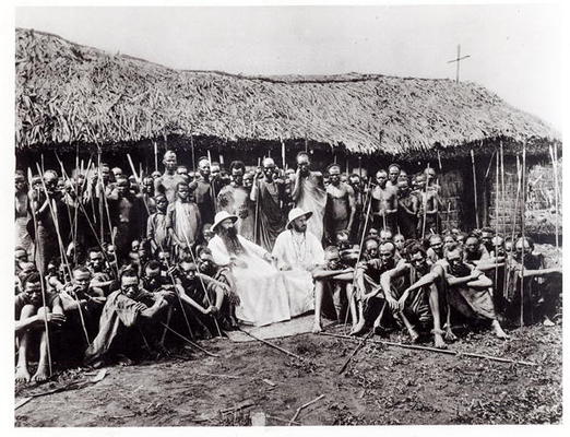 White Fathers before a chapel in adobe at Mugera (Urundi), before 1914 (b/w photo) od French School, (20th century)