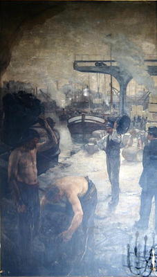 Workers unloading coal from a barge, early twentieth century (oil on canvas) od French School, (20th century)