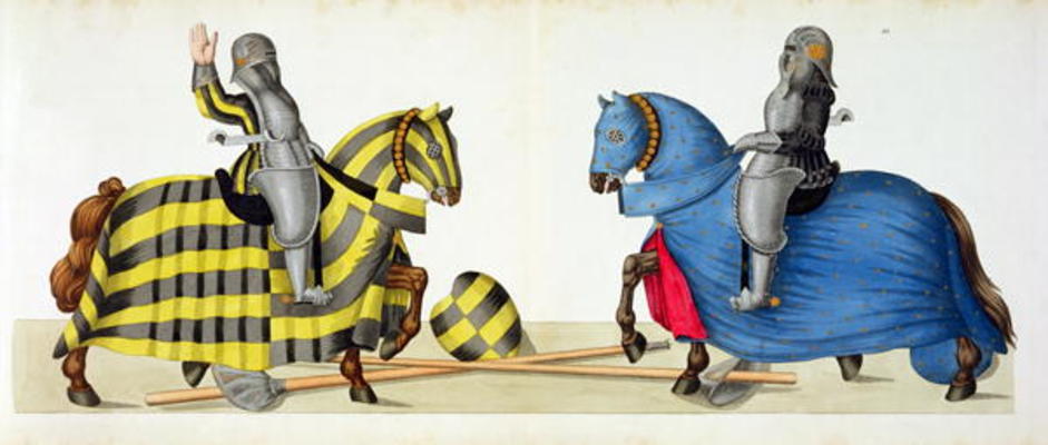 Two knights at a tournament, plate from 'A History of the Development and Customs of Chivalry', by D od Friedrich Martin von Reibisch
