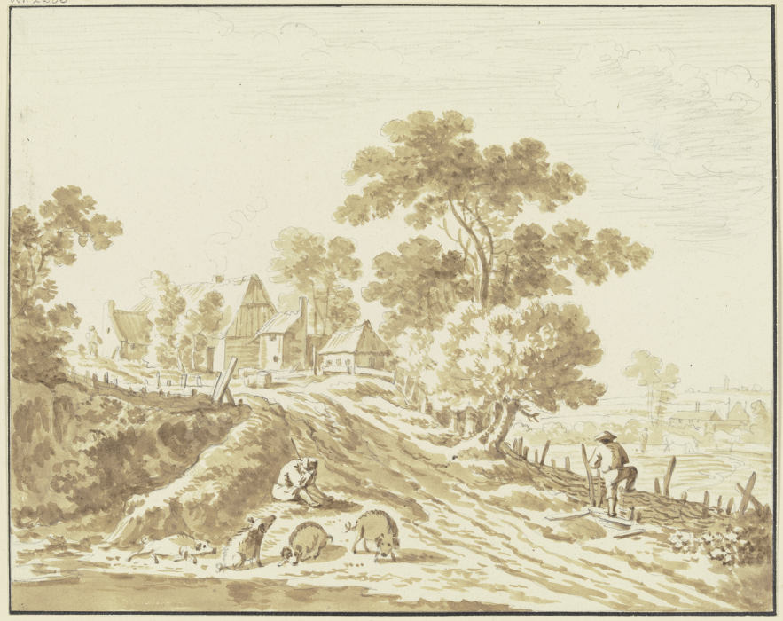 Bauernhof, im Vordergrund ein Hirte mit Schweinen od Friedrich Wilhelm Hirt