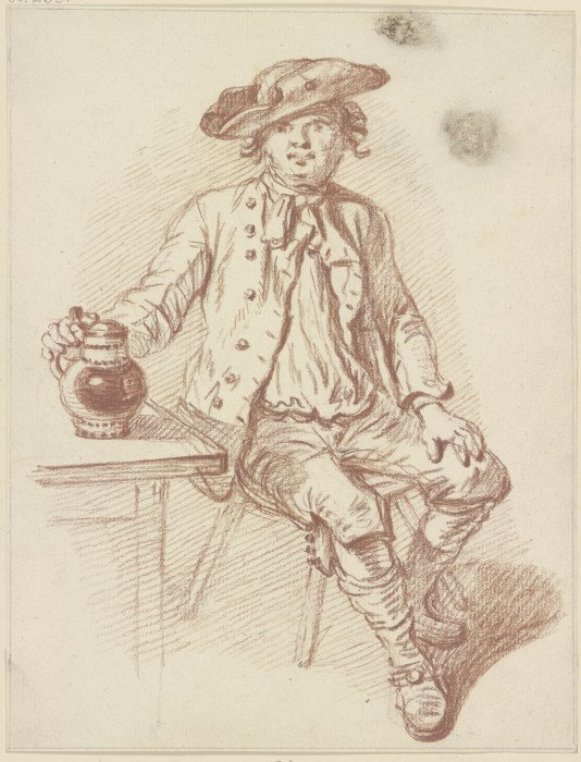 Neben einem Tisch sitzender Mann mit einem Krug od Friedrich Wilhelm Hirt