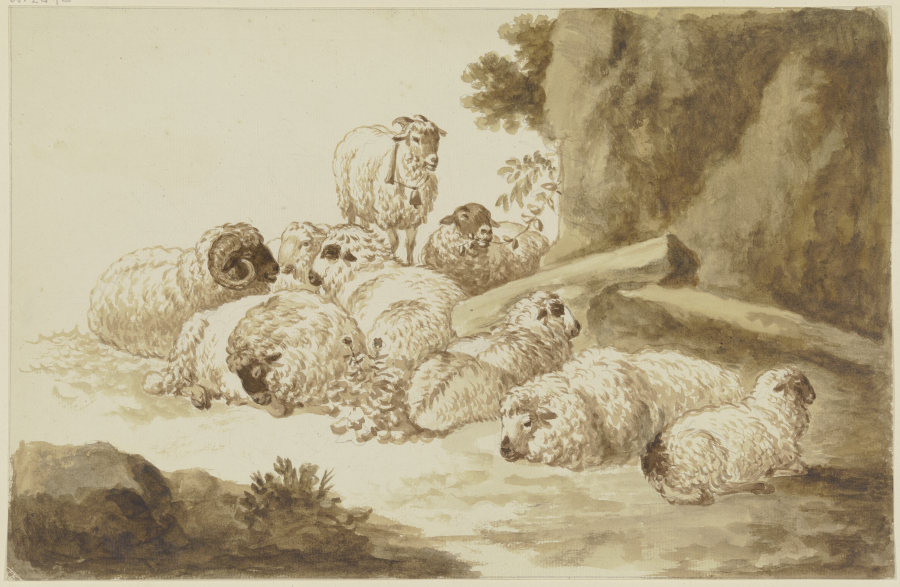 Schafherde an einer Felswand lagernd od Friedrich Wilhelm Hirt
