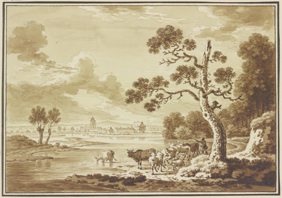 Cattle at the riverfront od Friedrich Wilhelm Hirt