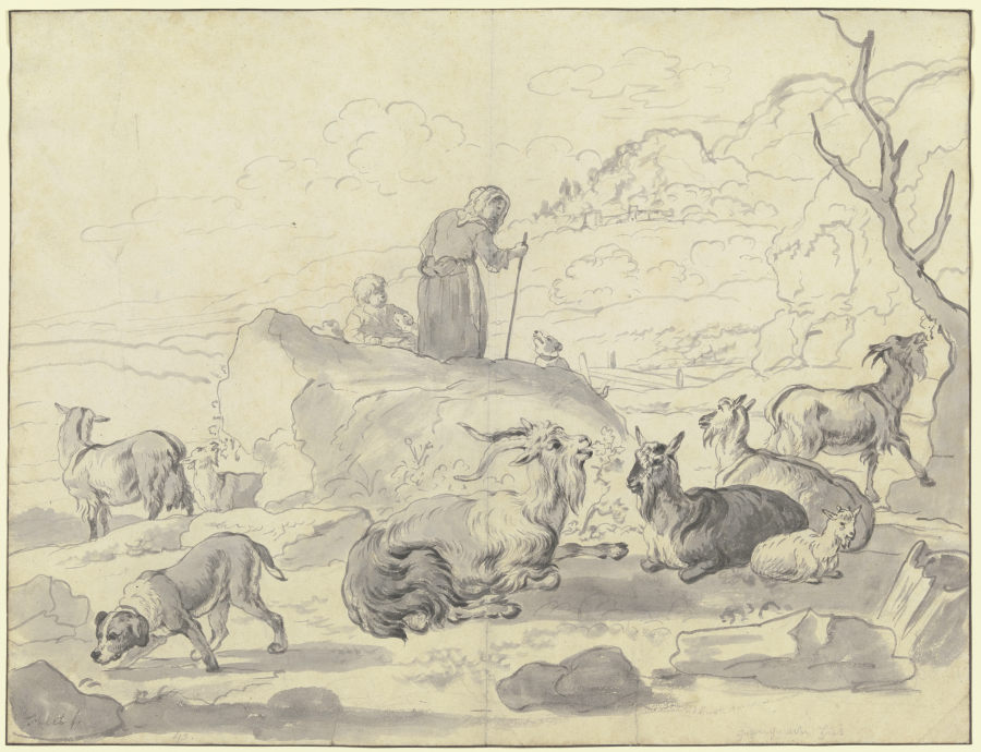 Ziegenherde mit einem Hund, hinter einem Felsblock eine alte Hirtin mit einem Kind od Friedrich Wilhelm Hirt