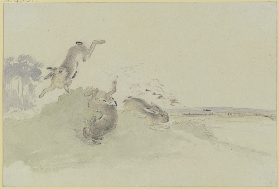 Drei Hasen erschrecken vor der Eisenbahn od Friedrich Wilhelm Keyl