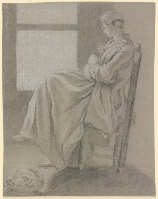 Sitzendes Mädchen am Fenster, nach links schauend, im Vordergrund links steht ein Korb auf dem Boden od Friedrich Ludwig Hauck