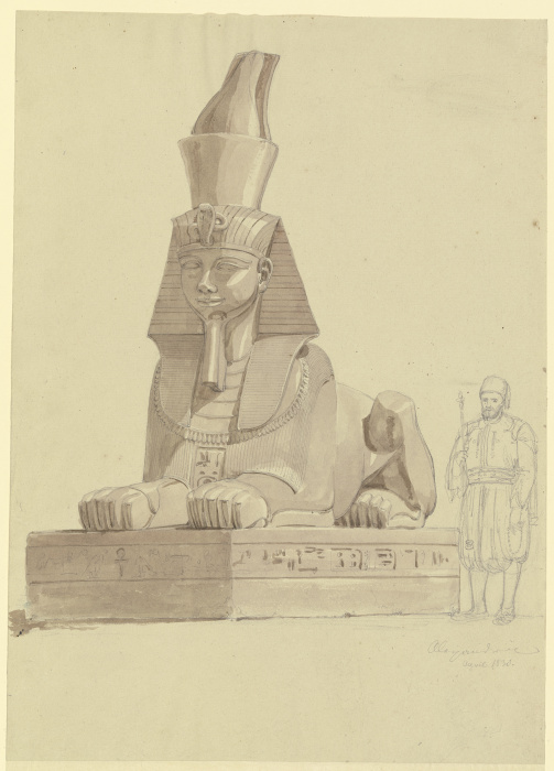 Ägyptische Sphinx in Alexandria, daneben ein Ägypter in traditioneller Tracht od Friedrich Maximilian Hessemer