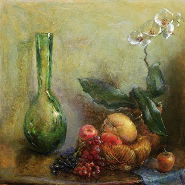 Orchid with Basket of Fruit and Green Vase (oil on canvas)  od Gail  Schulman